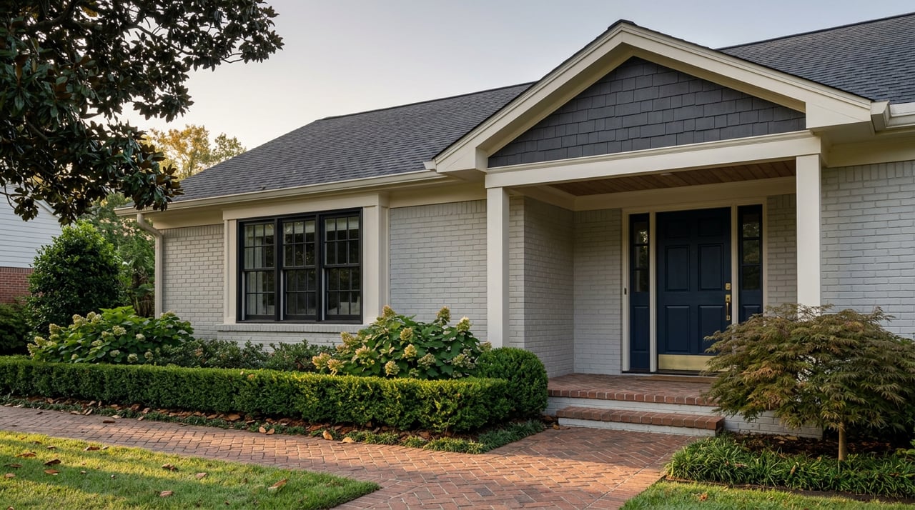 Gray brick home with a navy door, herringbone walkway, clipped boxwood, and mature magnolia and maple trees.