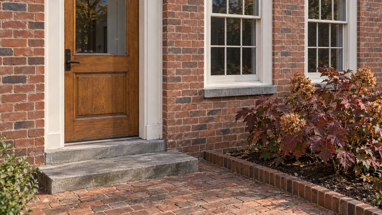 Sunlit brick home entrance with an oak door, white sash windows, a worn stone stoop and burgundy oakleaf hydrangea.