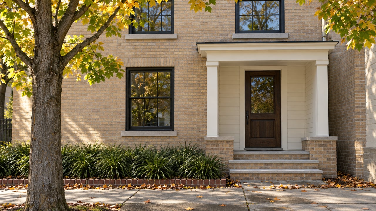 Buff brick house with a dark oak door, limestone steps, and a yellowing maple beside the sidewalk.