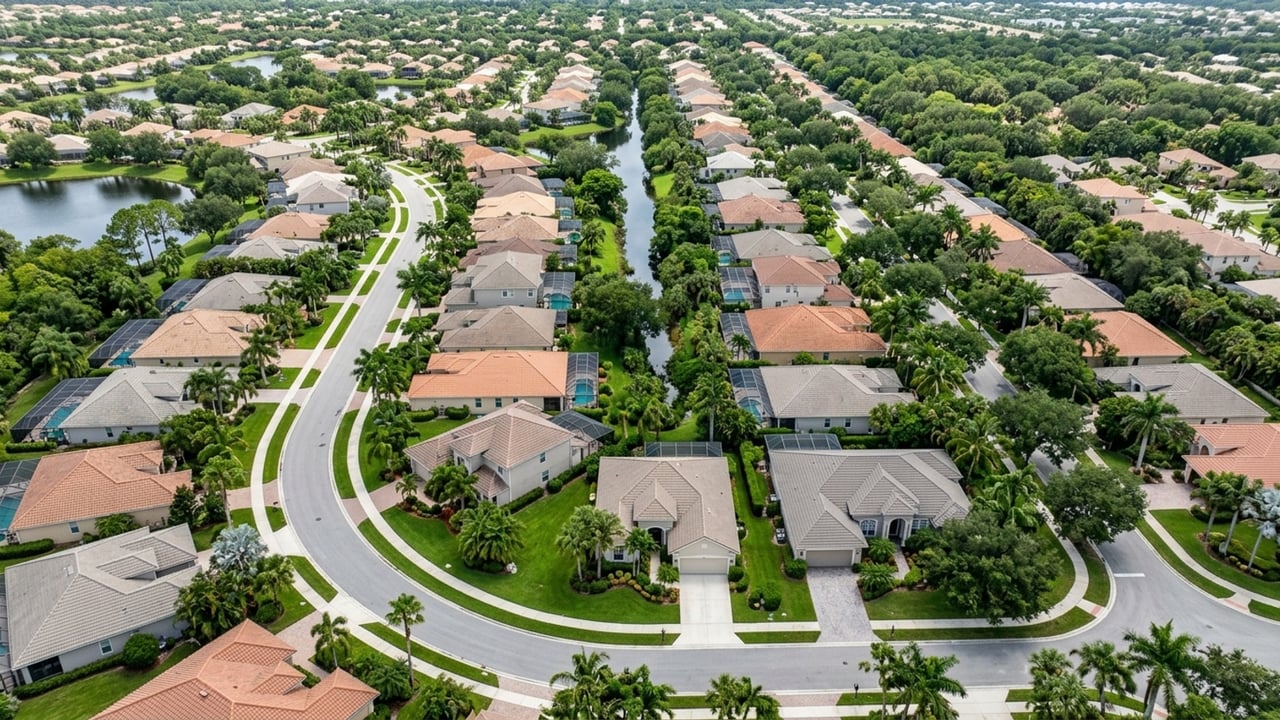 Aerial neighborhood with leafy homes, curving streets, and narrow canals.