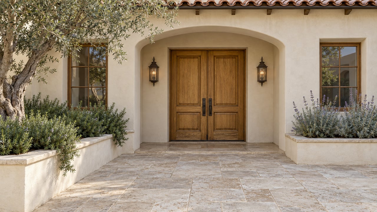 Pale stucco home entrance with paired oak doors, limestone paving, clay roof tiles and an olive tree in a raised planter.