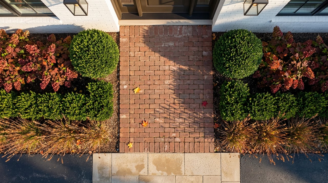 Brick entry walkway flanked by clipped boxwood spheres and burgundy hydrangeas, with fallen autumn leaves.