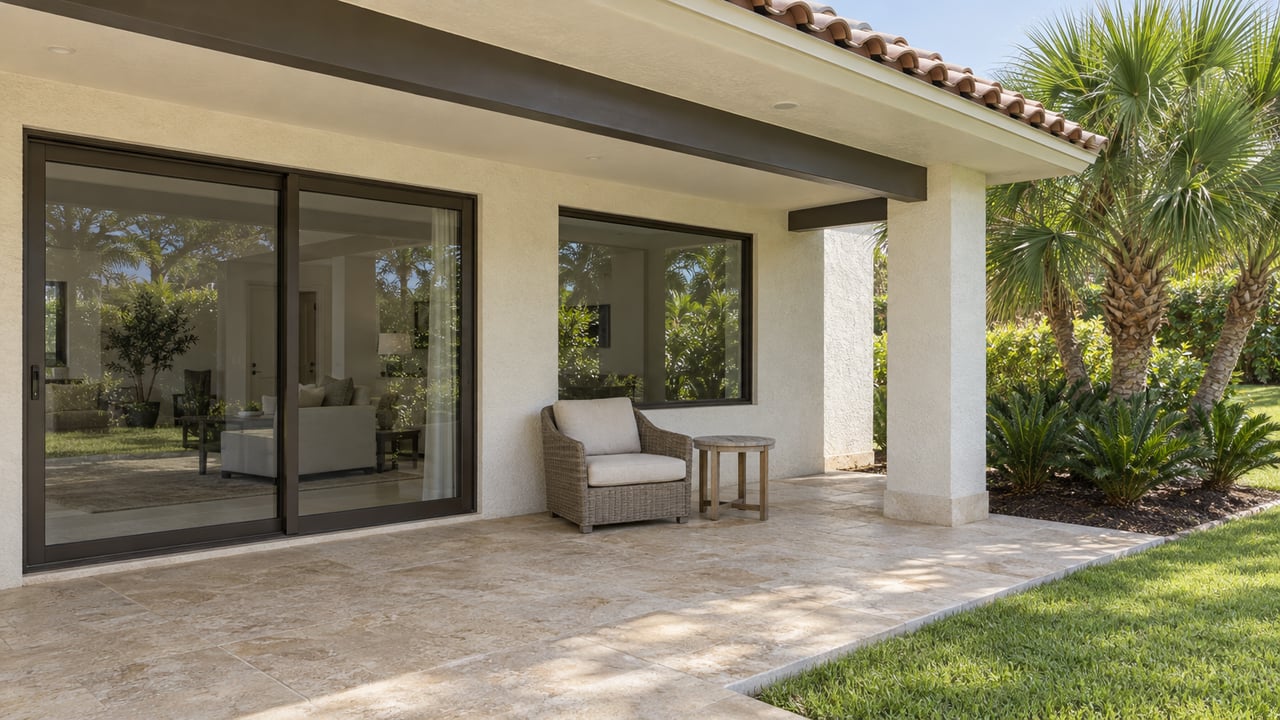 Covered lanai with ivory stucco, bronze-framed glass doors, sandy paving and a sculptural fan palm beside a neatly edged lawn.