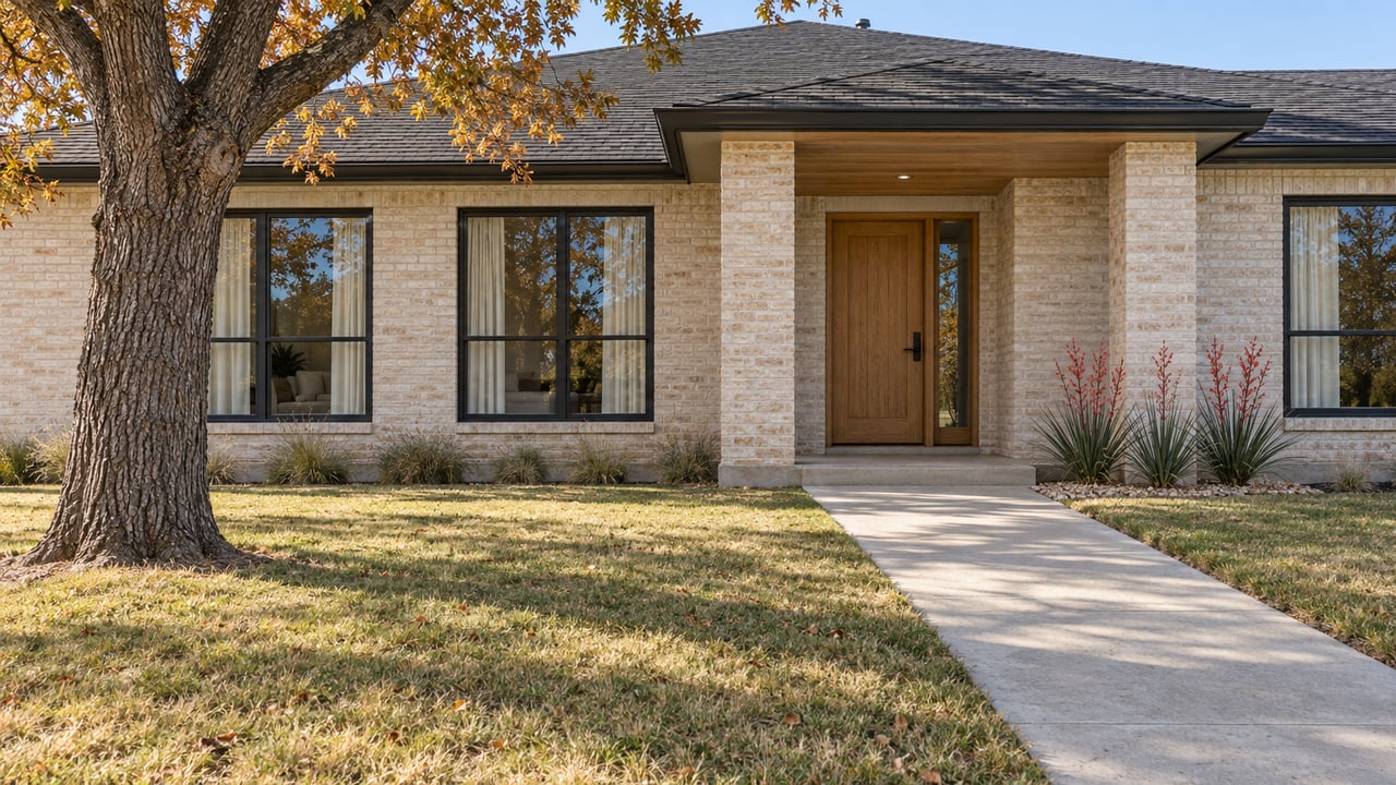 Light brick single-story home with black-framed windows, a covered oak-door entry and an autumn lawn beneath a mature oak.