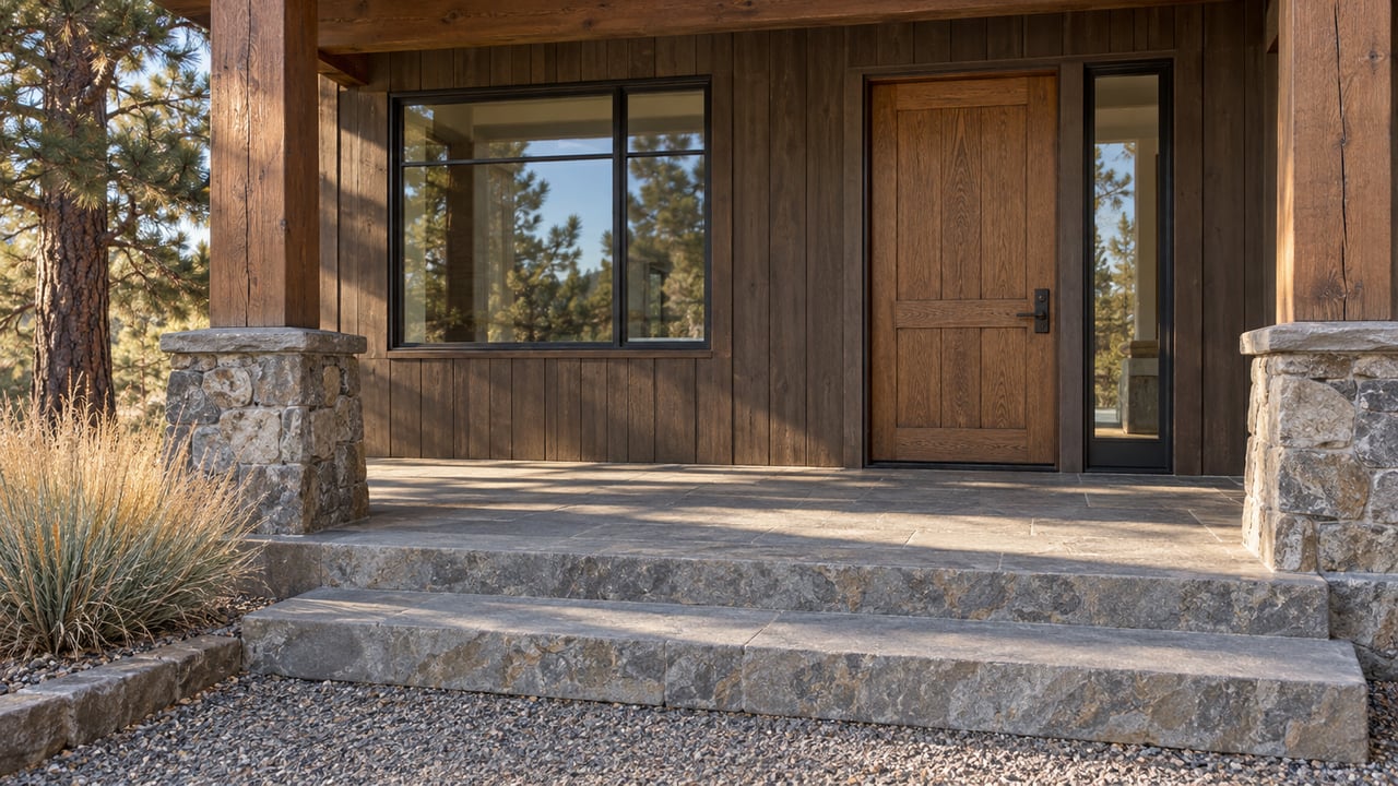 Timber-framed covered entry with an oak door, gray stone steps and a mature pine at the edge of the frame.