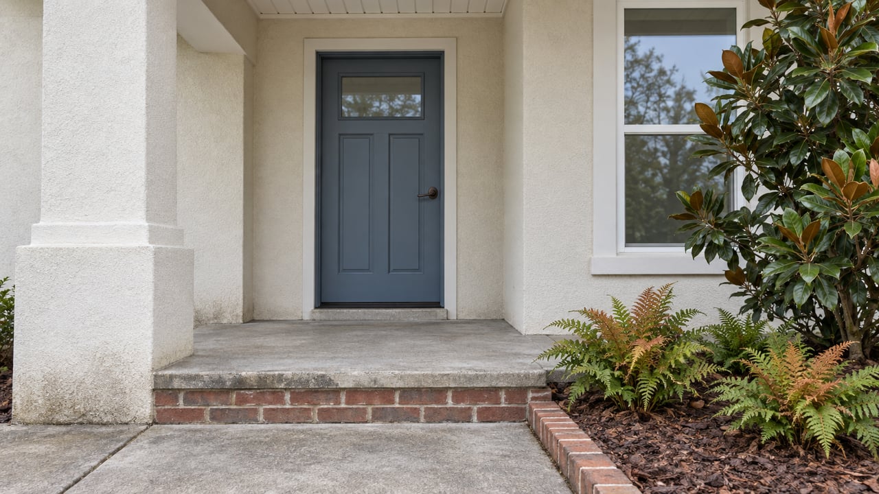 Covered home entry with a blue-gray door, white stucco, brick-edged concrete walk and magnolia foliage.