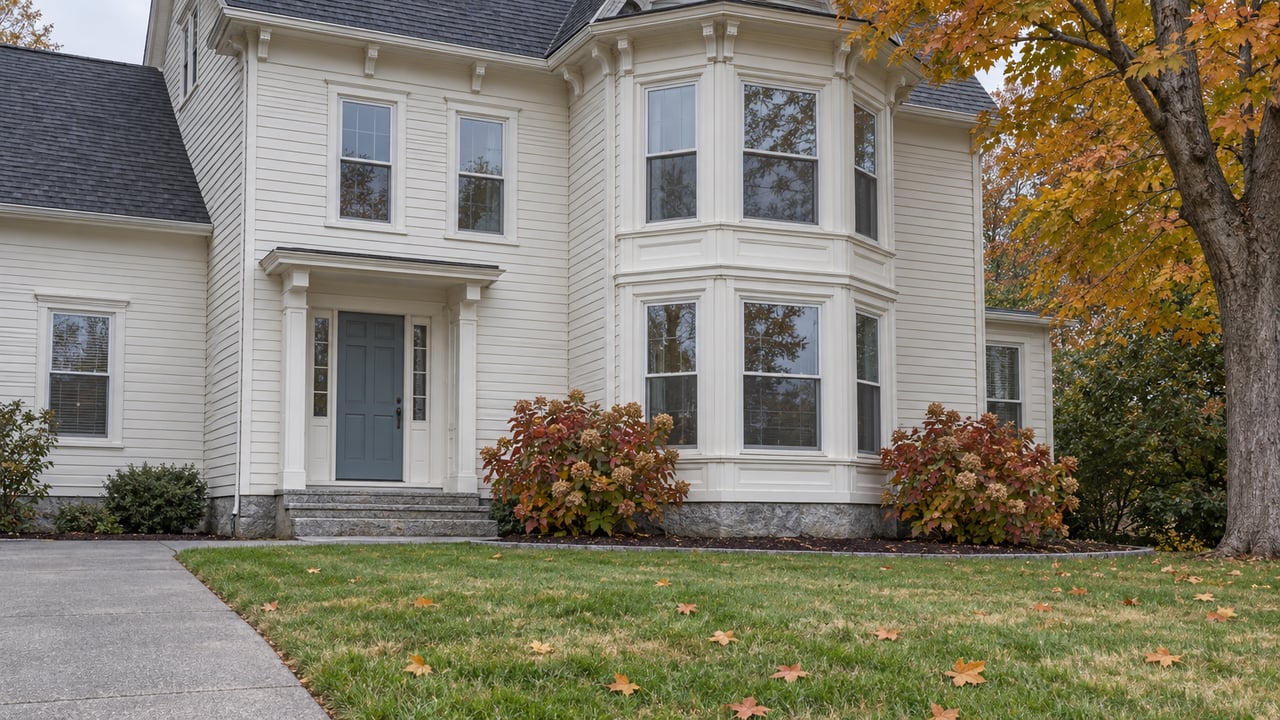 Ivory clapboard home with a two-story window bay, granite entry steps, autumn hydrangeas and an amber-leaved maple beside a deep front lawn.