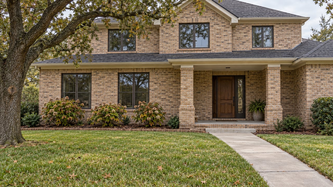 A buff-brick home behind a deep green lawn, with a concrete approach, dark-framed windows and a mature oak canopy.