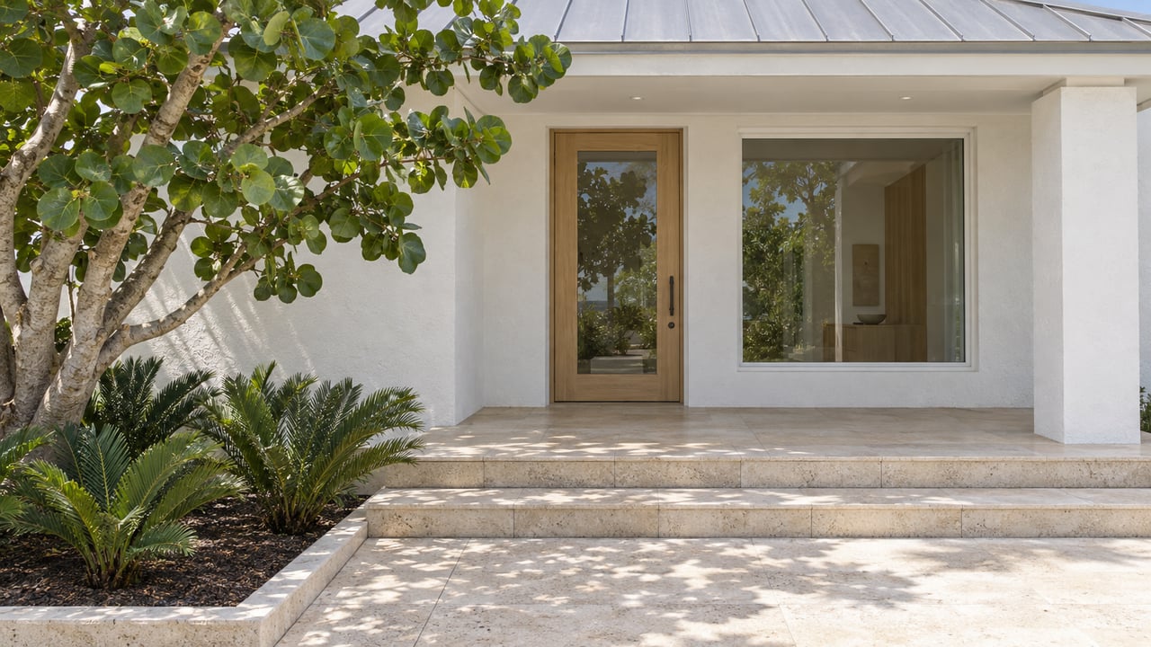 White stucco home with a glazed oak entry door, broad limestone steps and a sculptural sea-grape tree.