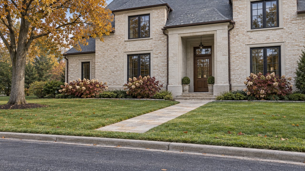 Cream-brick home with slate roof and black-framed windows behind a deep autumn lawn, limestone walk and concrete road curb.