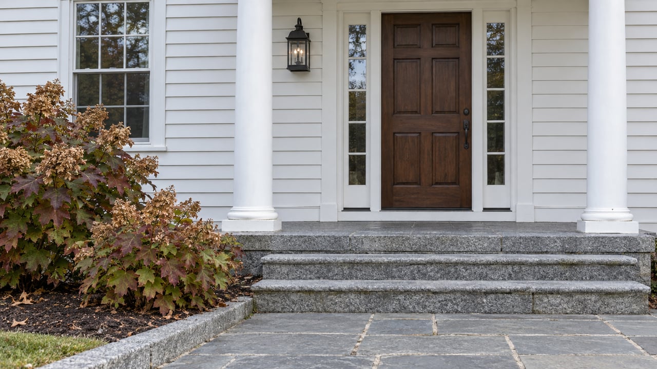 White clapboard entry with a dark paneled door, paired white columns, gray stone steps and autumn oakleaf hydrangeas.