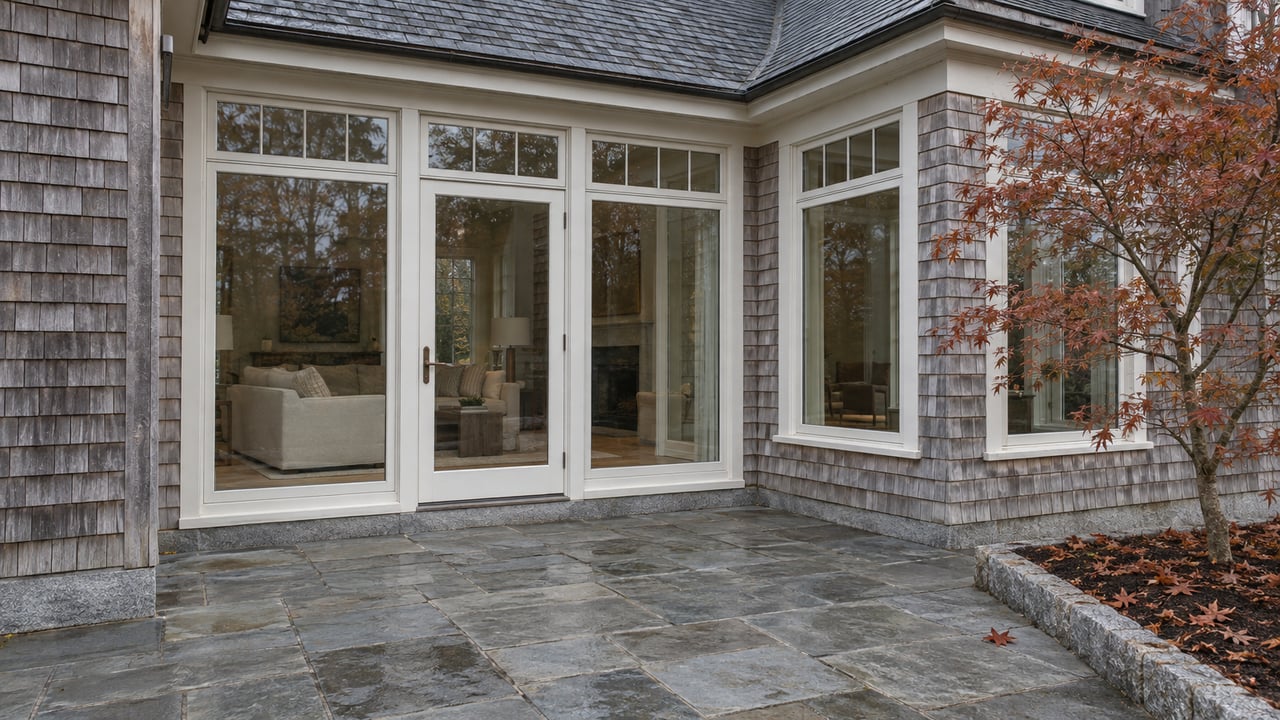Weathered cedar home with broad enclosed windows and a damp bluestone terrace beside a russet-leaved Japanese maple.