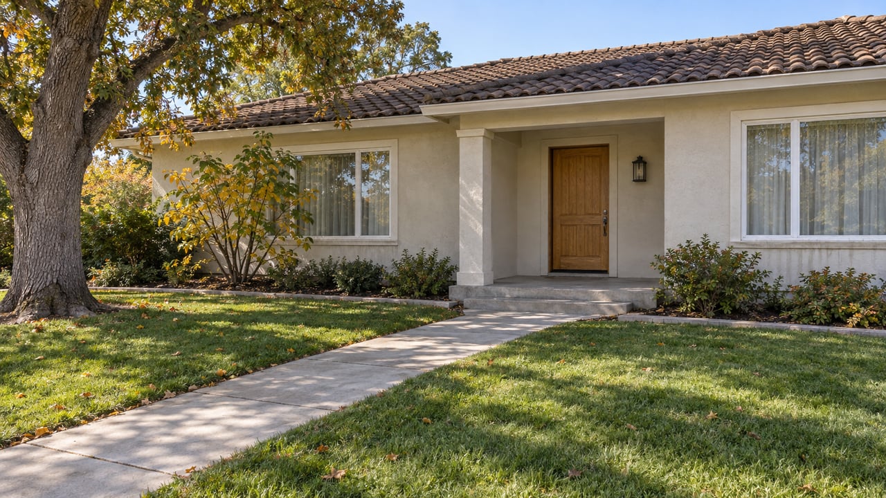Updated single-story stucco home with a tiled roof, deep front lawn, oak tree, and concrete path leading to a recessed wood entry door.