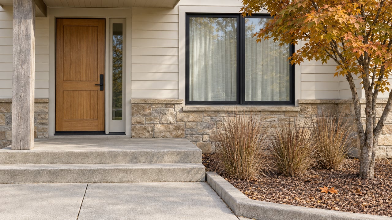 An oak front door and black-framed window beneath a timber porch, with stone siding accents and amber maple leaves beside concrete steps.