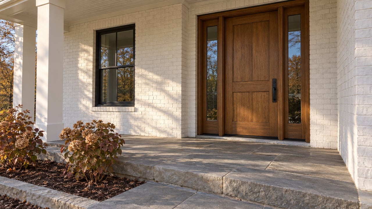 Covered porch with a warm oak door, glazed sidelights, white-painted brick and sandstone steps beside two oakleaf hydrangeas.