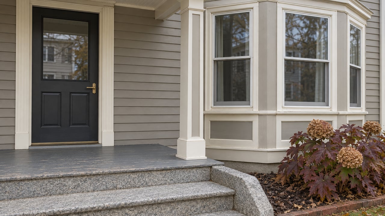 Gray clapboard home entry beside an enclosed bay window, with worn granite steps and burgundy oakleaf hydrangea.