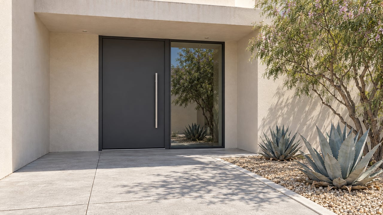 Close view of an ivory stucco home's recessed charcoal entry, reflective window and concrete approach beside a desert willow and two blue-gray agaves.