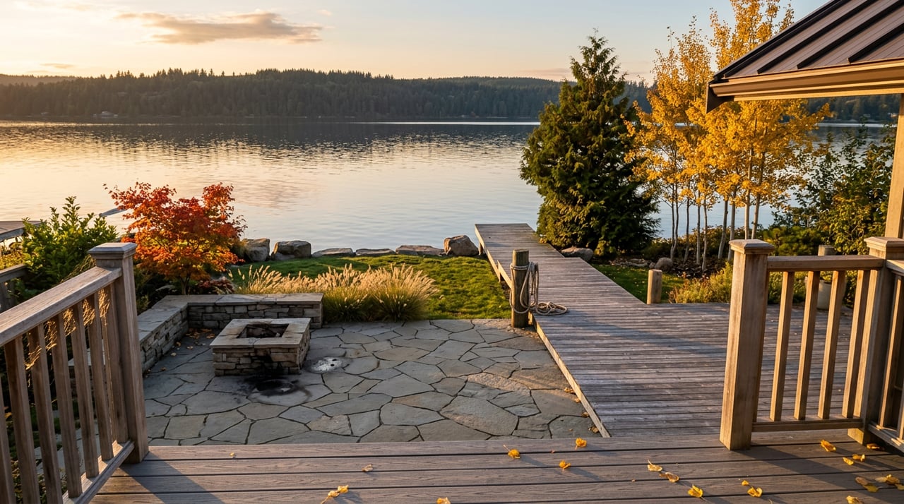 Two-tier waterfront deck overlooks a stone patio, wood dock, calm water, and gold and red-orange fall foliage.