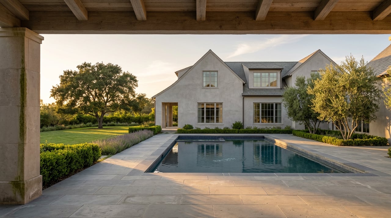Stone loggia frames a terrace and still blue pool, with a stucco home, olive tree, and oak beyond.