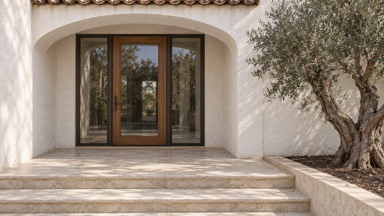 White stucco arched entry with dark-framed closed glass doors, worn limestone steps and a sculptural olive tree in a bordered planting bed.