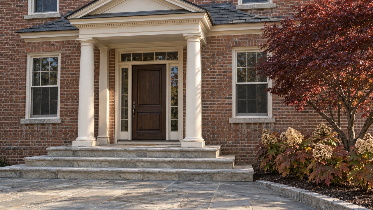 Brick colonial entry with paired ivory columns, a dark oak door, weathered stone steps and burgundy autumn planting.