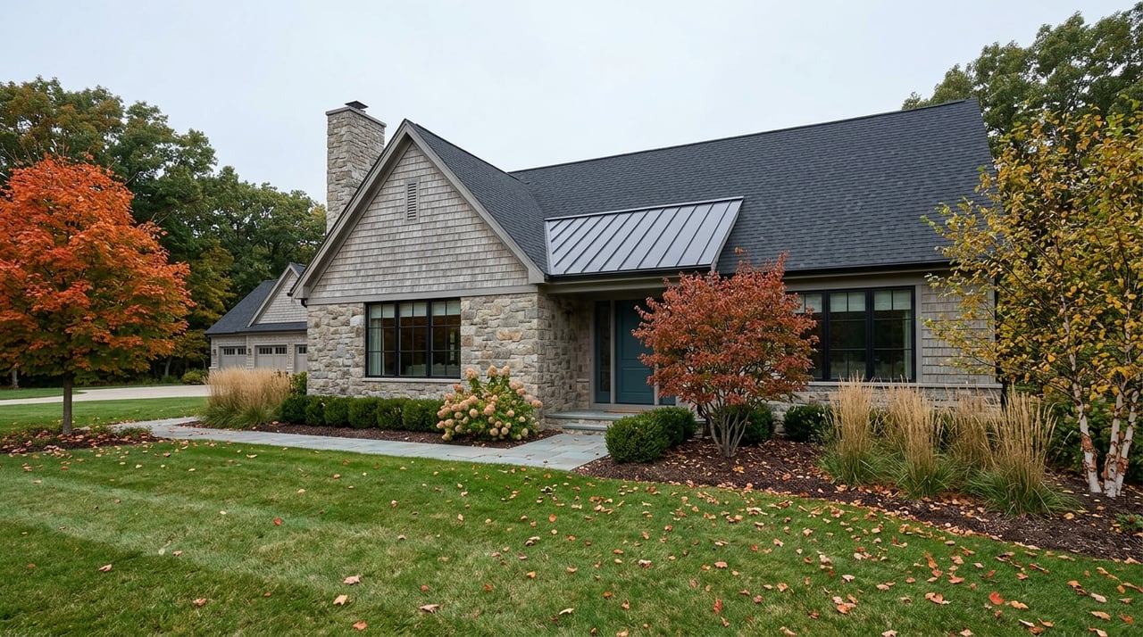 Stone-and-cedar home with a standing-seam entry roof, framed by orange-red maple and yellow-leaved birch.