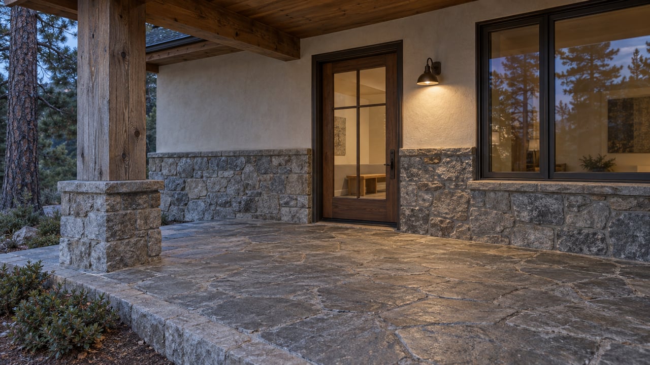 Covered timber porch at blue hour with a closed glazed entrance, broad window, stone facade and worn flagstone landing.
