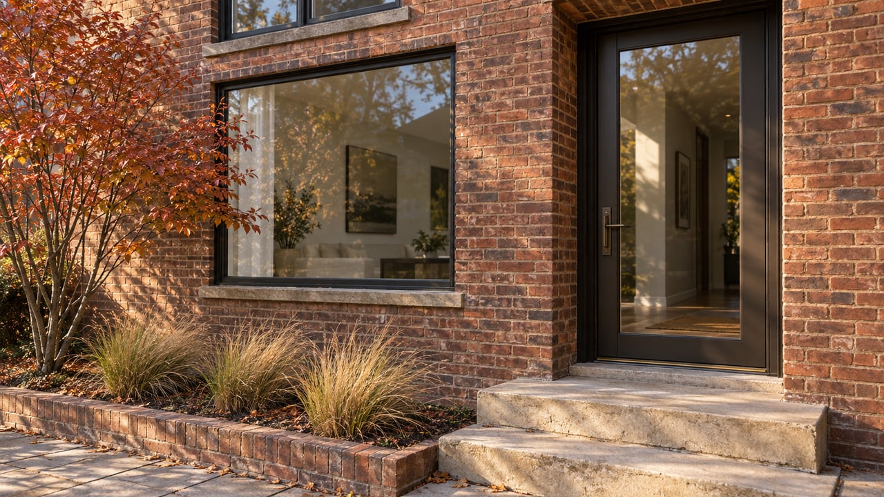 Recessed glazed door beside a picture window in a red-brown brick home, with stone steps and autumn planting.