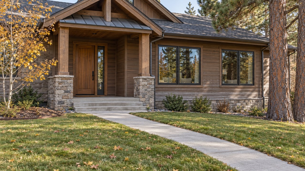 Cedar-sided home with a stone-supported covered entry, broad windows and a deep autumn lawn beneath mature pines.