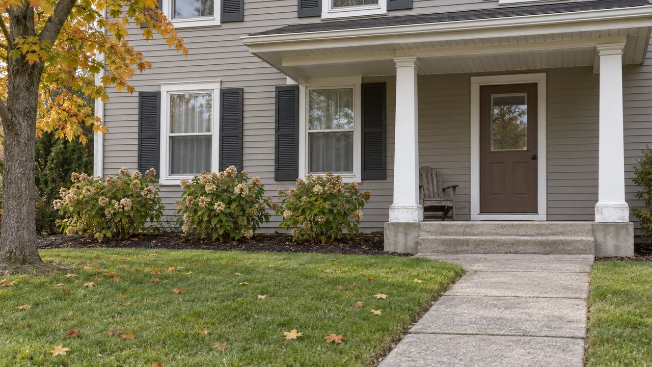 Gray-sided suburban home with a shallow white-post porch, closed brown entry door, autumn hydrangeas and a concrete walk through the front lawn.