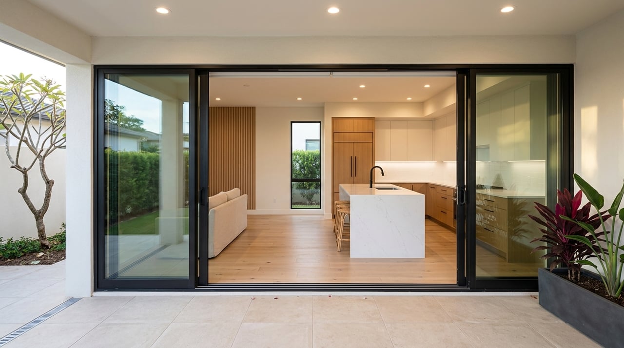 Open-plan great room and kitchen viewed from a covered lanai through retracted sliding doors.