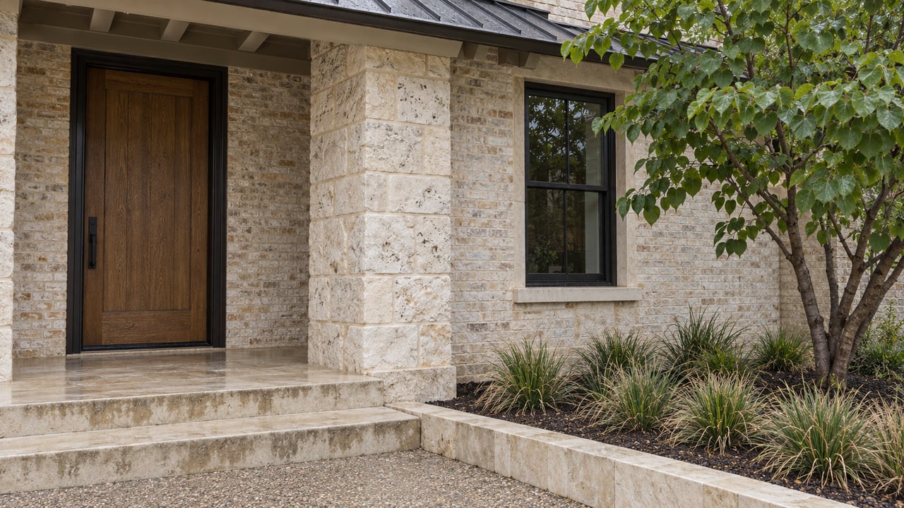 Covered residential entry with an oak door, limestone pier, limewashed brick and a rain-darkened stone landing beside a redbud.