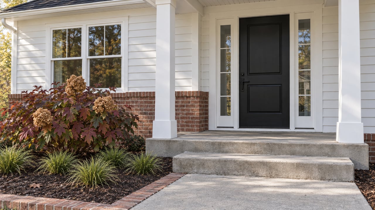Black front door with paired glass sidelights on a white-sided home, with reddish brick, concrete steps and burgundy oakleaf hydrangea.