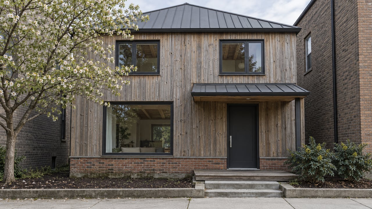 Compact cedar-clad house with a shallow gable, charcoal roof, brick base, and small planted beds.