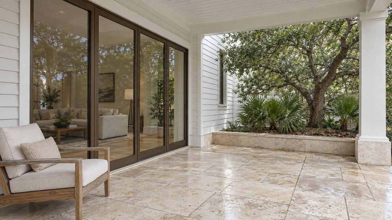 A covered limestone terrace beside bronze-framed glass doors, with a weathered teak chair and a planted courtyard.