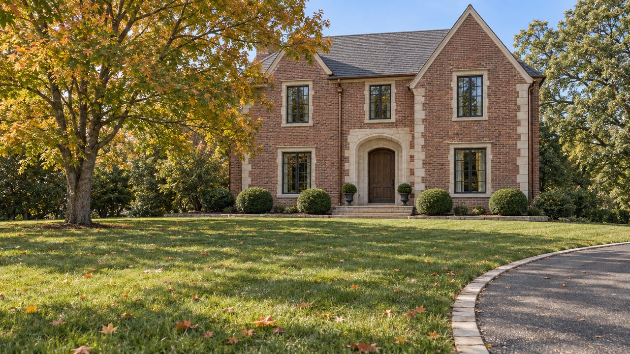 Brick-and-limestone home beyond a broad fall lawn, with steep gray gables and an amber-turning sugar maple.