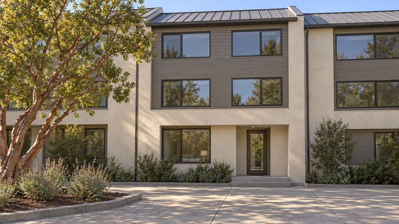 Three-story attached home with ivory stucco, taupe wood siding and bronze-framed windows facing a concrete pedestrian court beside a sculptural cinnamon-barked tree.