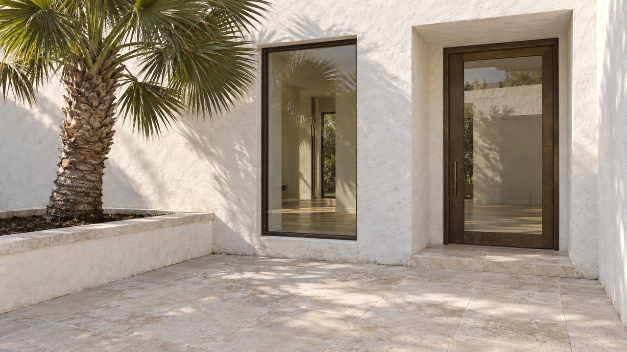 White stucco courtyard home with bronze-framed glass entry, limestone paving and a curved palm in a raised masonry planter.