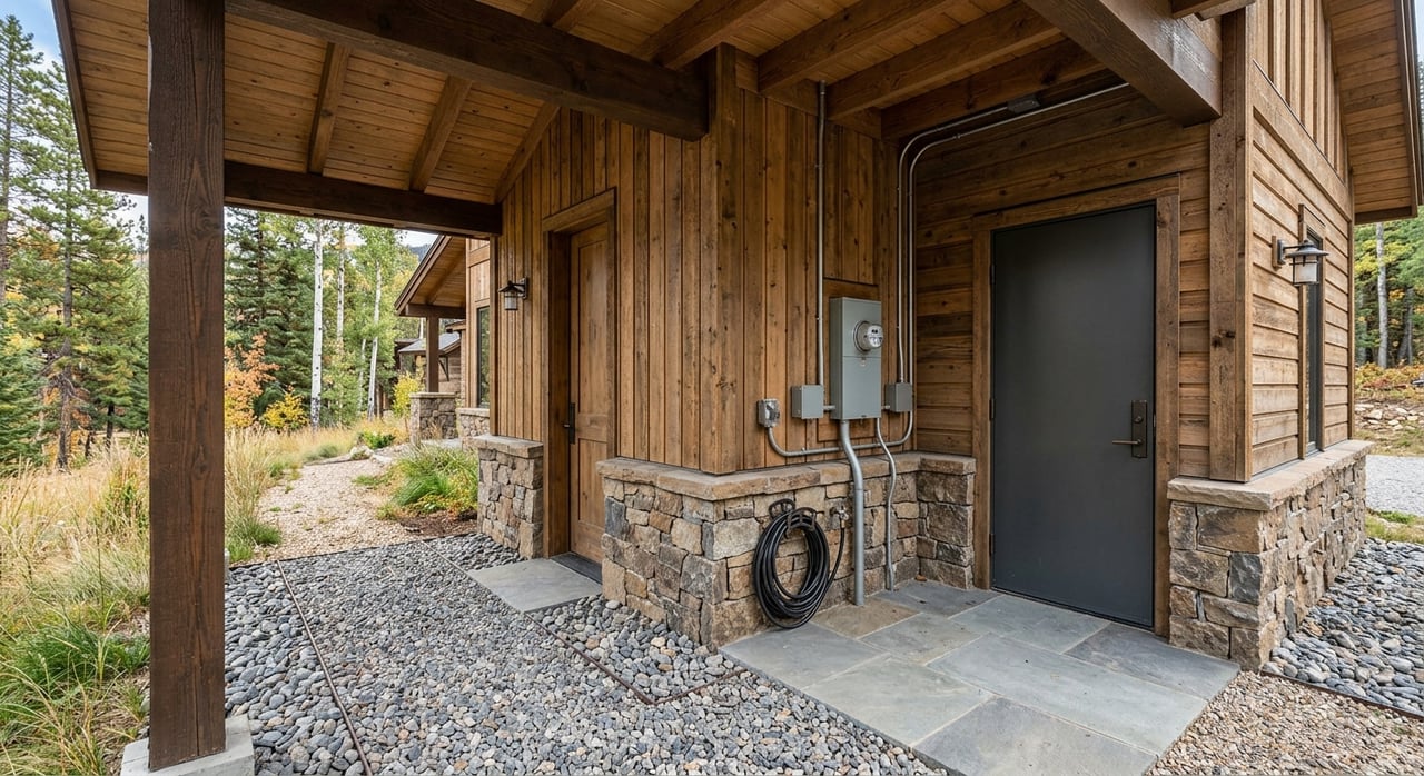 Wet bluestone landing beside a black glazed door, cedar siding, fieldstone foundation, and coiled garden hose.