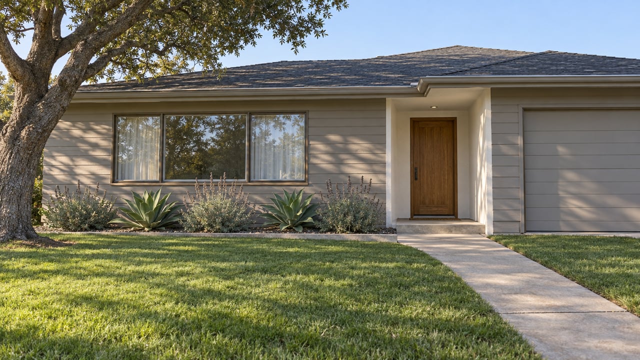 Low morning view across a deep lawn toward a gray single-story home, with an oak tree, recessed entry and drought-tolerant planting.