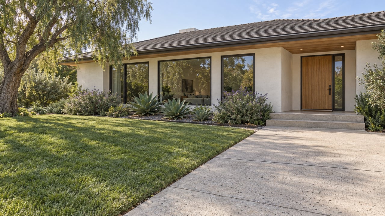 Low-profile stucco home beyond a deep lawn and broad concrete approach, with dark-framed windows, an oak entry door and sculptural planting.