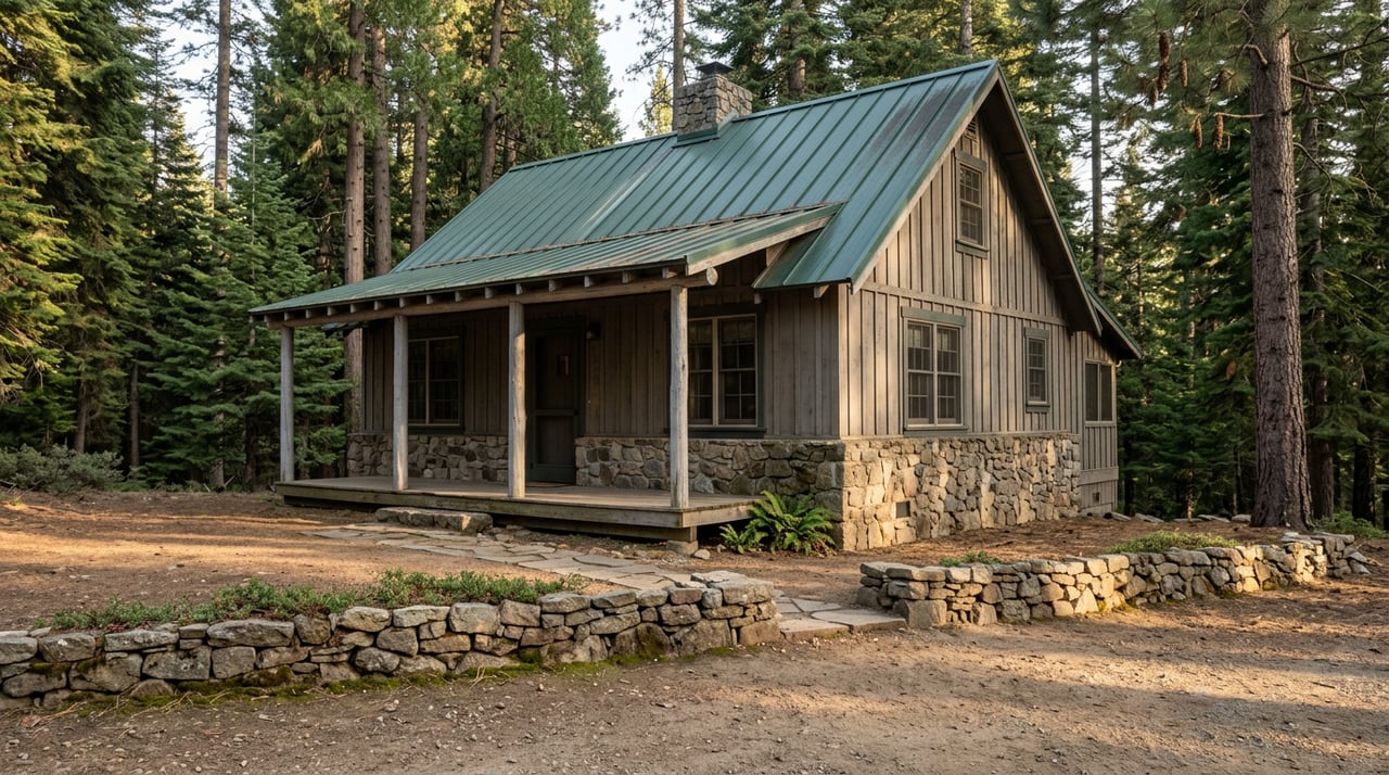 A weathered mountain cabin with a stone chimney, retaining wall, flagstone path, and dense conifers.