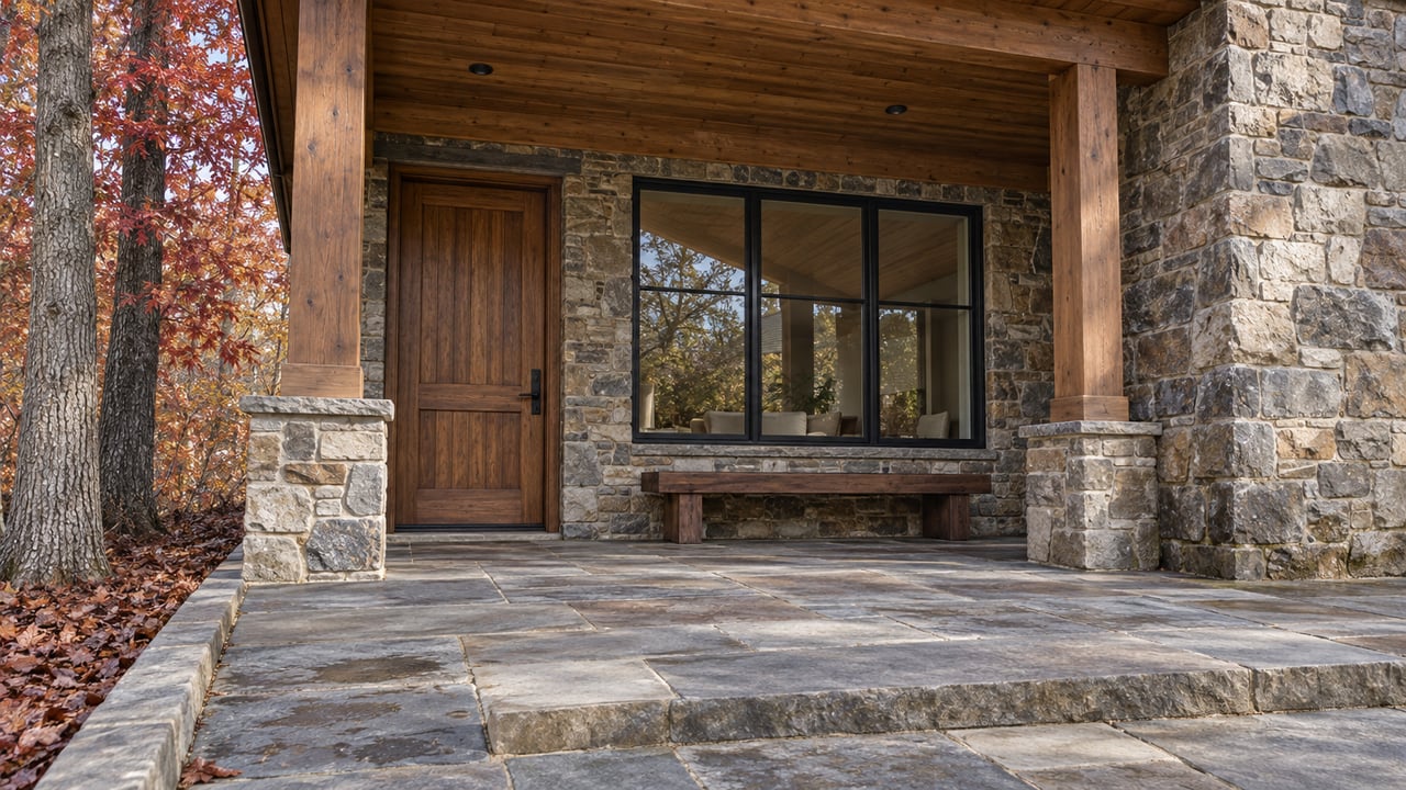 Covered entry of a timber-and-stone home, with bluestone paving, black-framed windows and autumn oak and maple foliage.