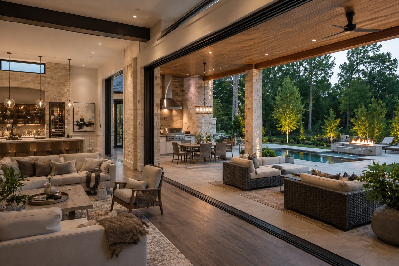 A luxury Tennessee home featuring expansive retractable glass doors that connect an elegant indoor living space to a covered outdoor kitchen, resort-style pool, fire feature, and landscaped backyard, showcasing the growing trend of seamless indoor-outdoor living.