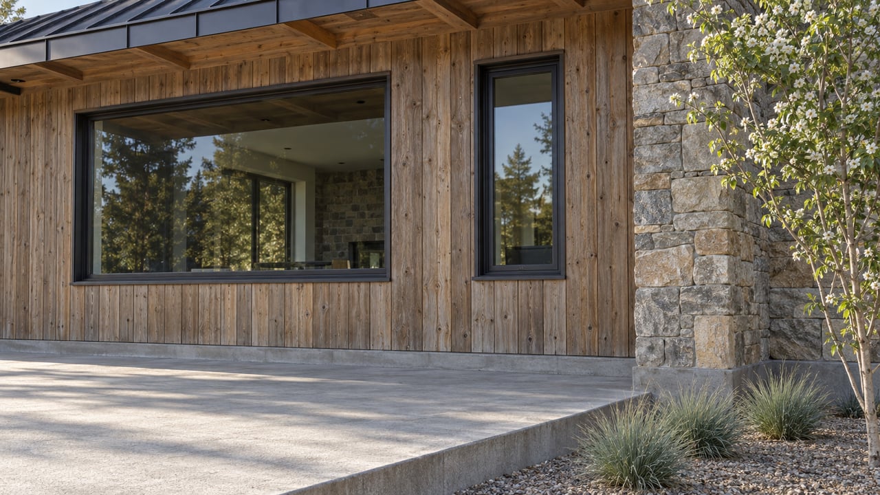 Cedar-clad house facade with two dark-framed windows, a stone corner pier, and a small tree.