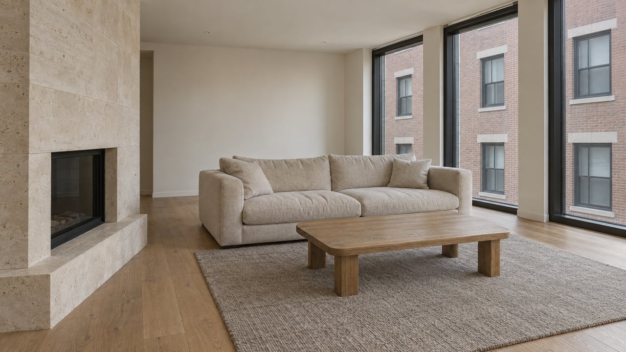 Spacious apartment living room with a limestone fireplace, linen sofa, oak flooring and black-framed windows overlooking a nearby brick facade.