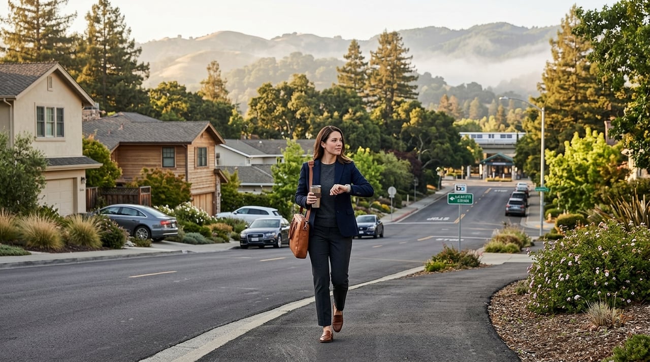 Woman walking with coffee and a tote bag on a leafy residential street near a transit station.