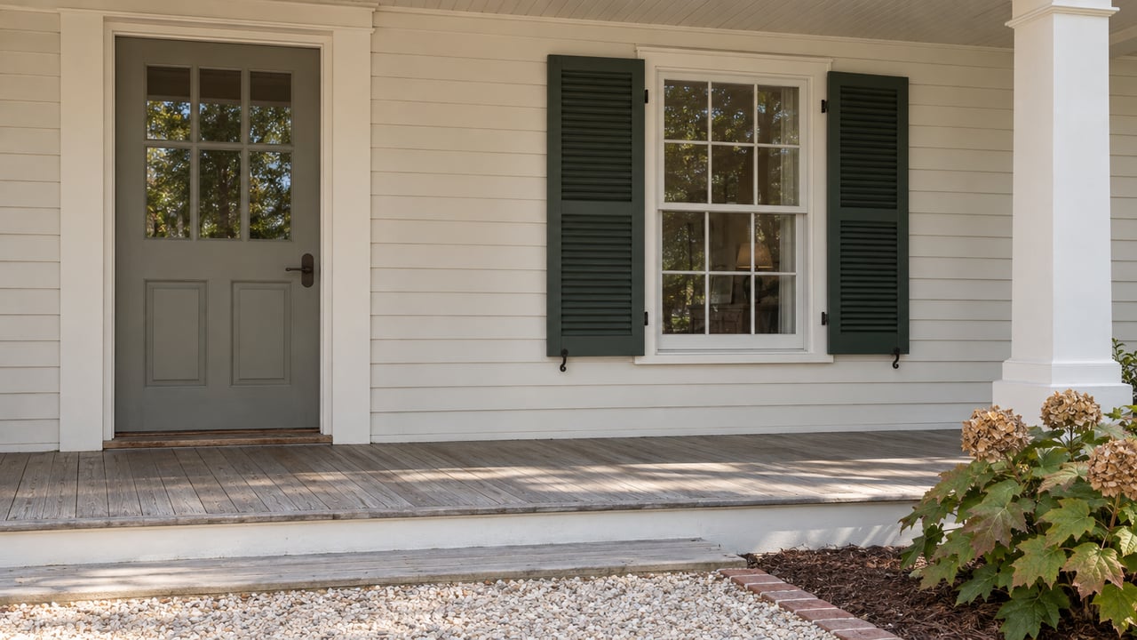 Close view of a cream clapboard porch with a glass-paneled door, dark green window shutters, weathered wood steps and an oakleaf hydrangea beside a shell path.