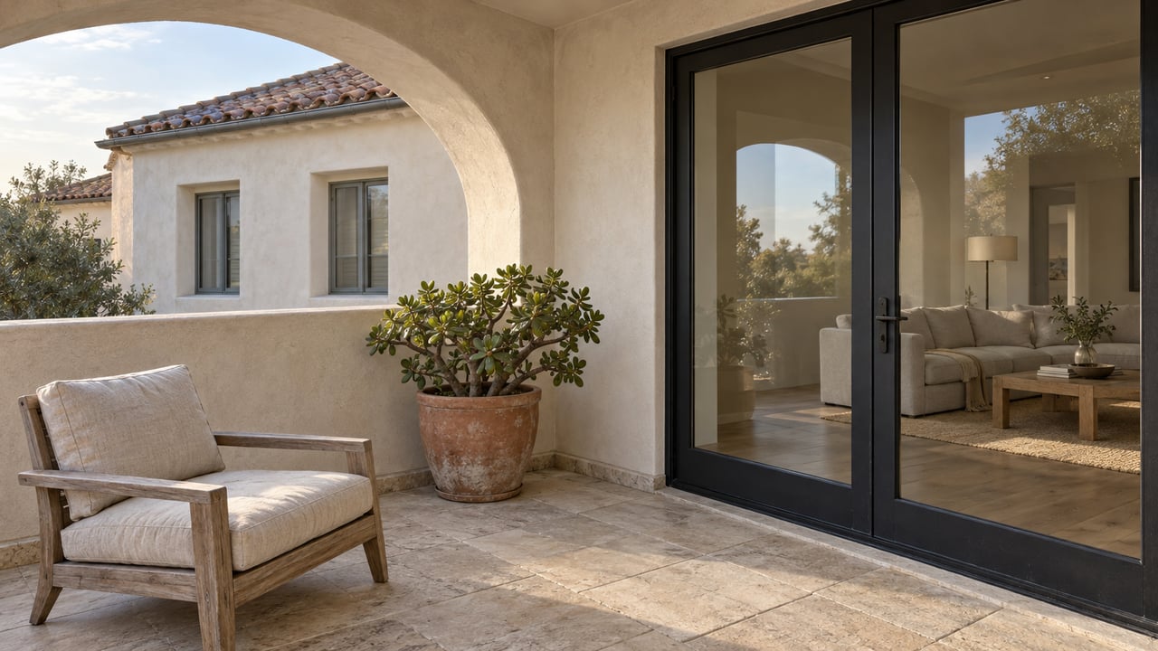 Sunlit stucco loggia with limestone paving, a weathered teak chair and black-framed glass doors into a bright living room.