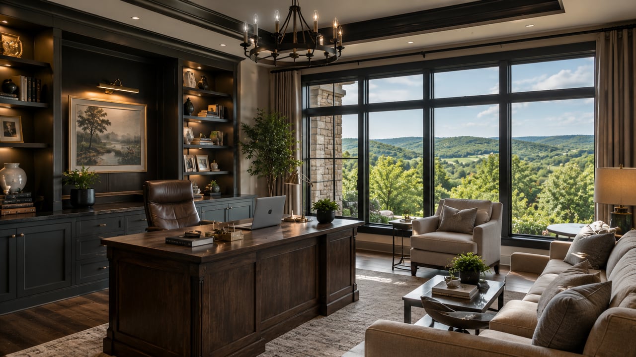 A sophisticated luxury home office featuring custom built-in cabinetry, a large executive desk, comfortable seating, premium finishes, and expansive windows overlooking scenic Tennessee hills, showcasing the dedicated workspaces luxury home buyers want.